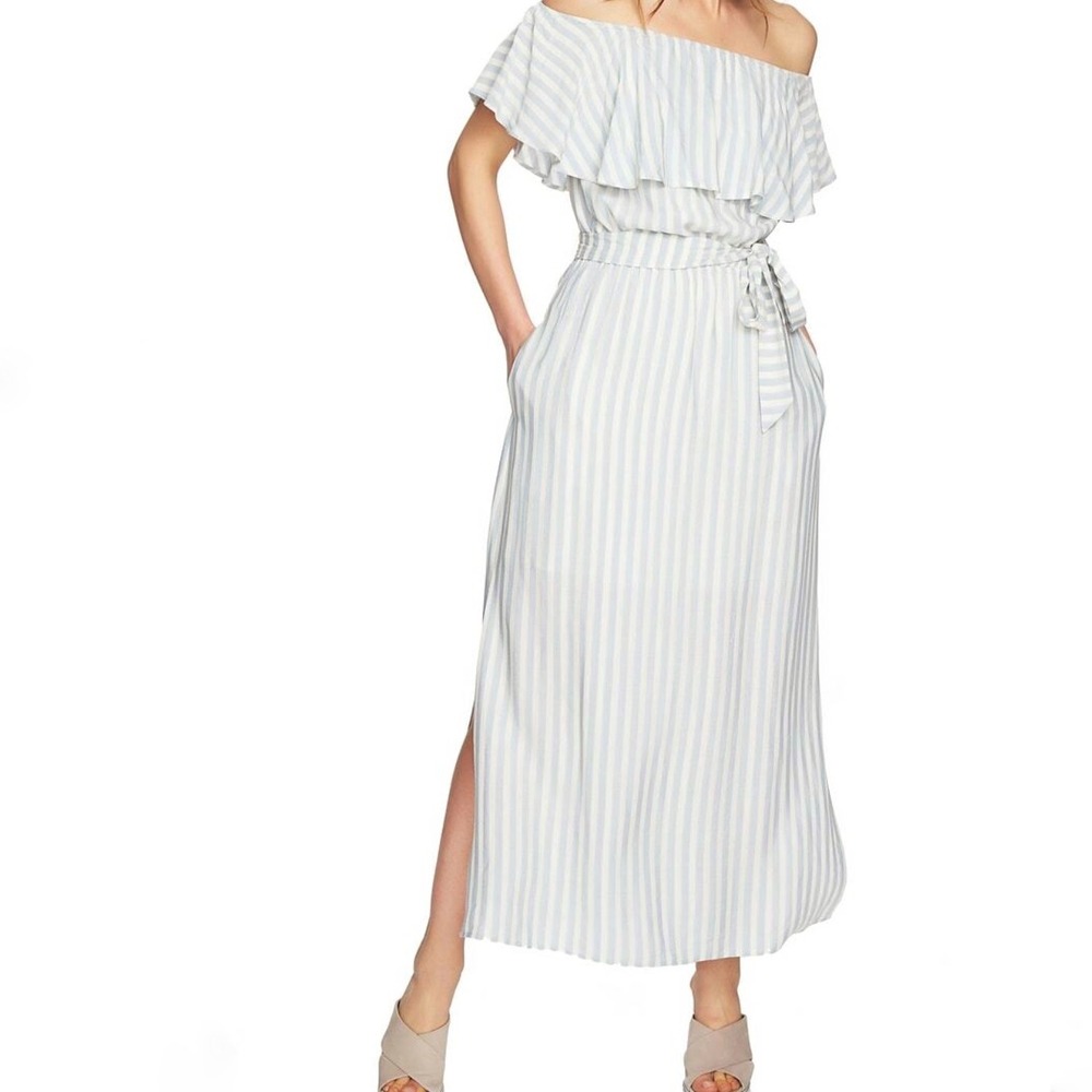 1.STATE XS Maxi Dress Blue White Striped Off Shoulder Ruffle Belted NWT
